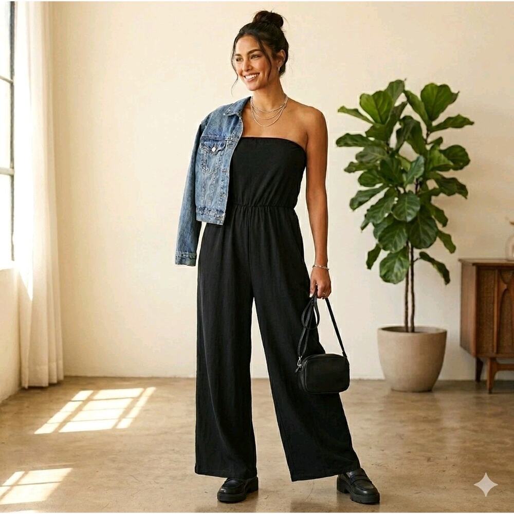 See You Monday Black Strapless Wide-Leg Jumpsuit with Denim Accent